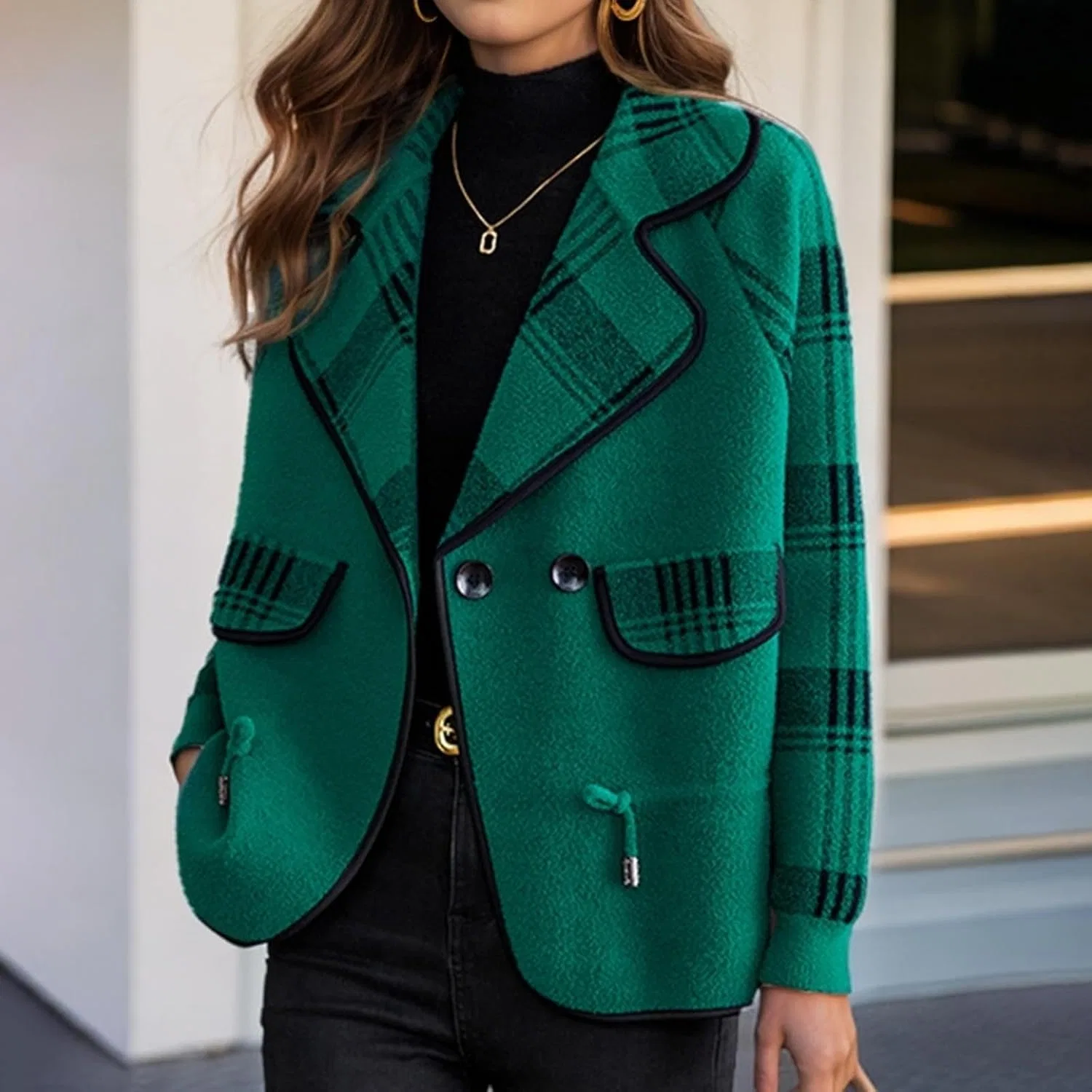 Женский кардиган с принтом, модель Plaid Fuzzy Knit, зелёный — фото 3