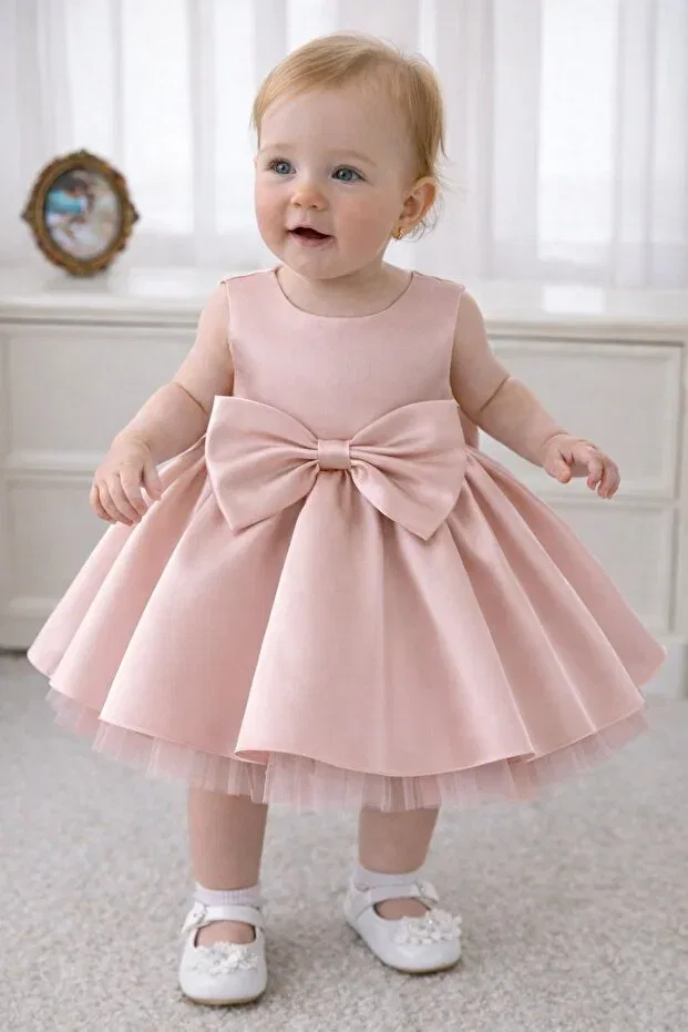 Детское платье для девочек хлопковое с бантом Suneh, Powder Pink