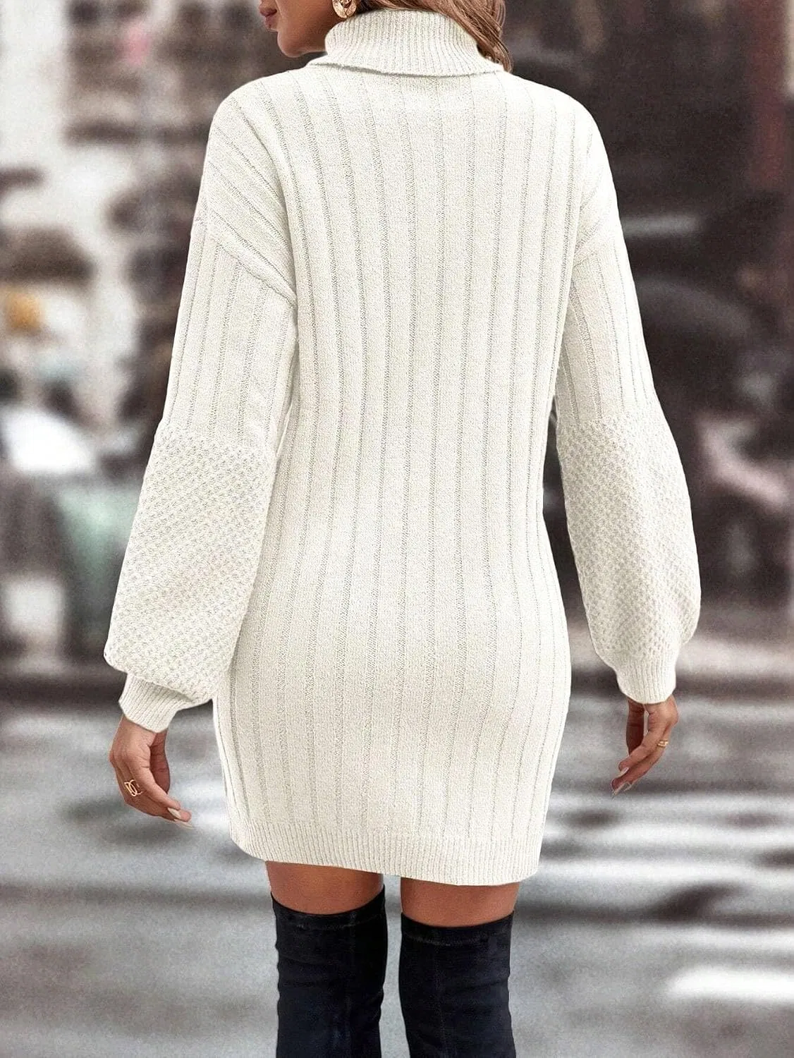 Женское платье-свитер с высоким воротником Rib-Knit, White — фото 2