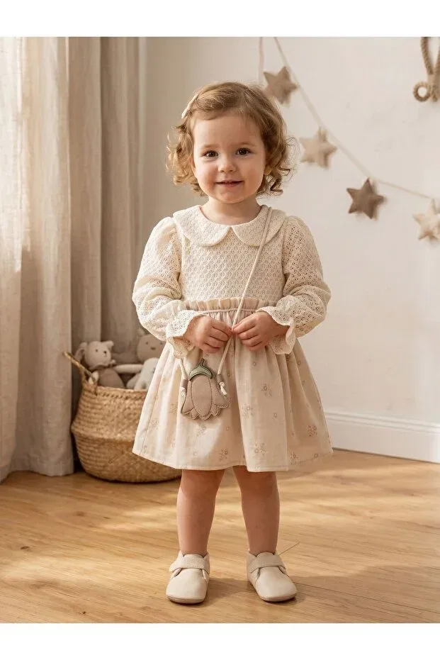 Детское платье для девочек кружевное Floral bag muslin dress Cherrys Bebek, Beige