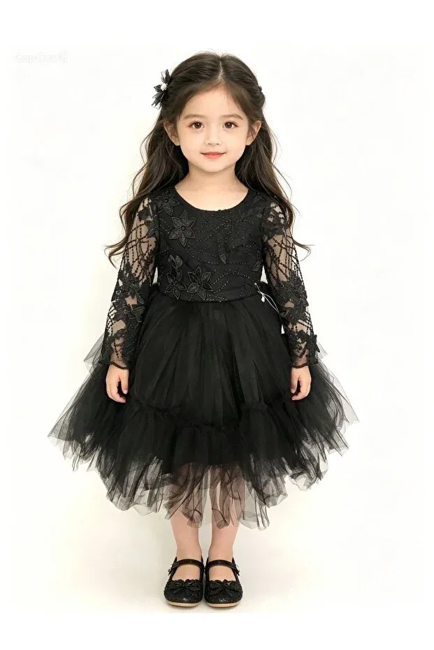 Детское платье для девочек кружевное Lace tulle buckled puffy evening dress please order one size up Lunas Tekstil, Black — фото 4
