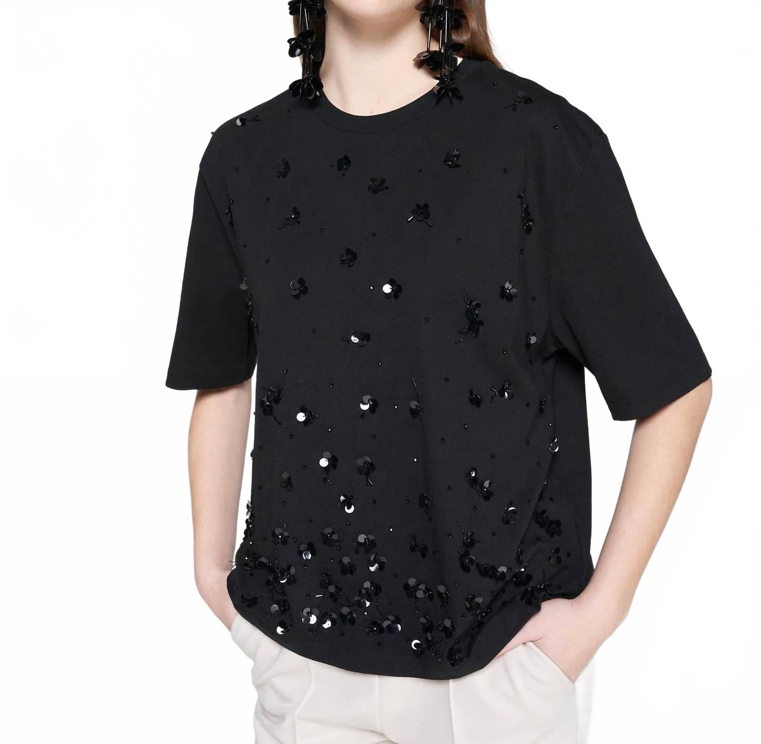 

Vilagallo Футболка с цветочным принтом и пайетками, черная, Черный, Vilagallo Футболка с цветочным принтом и пайетками, черная