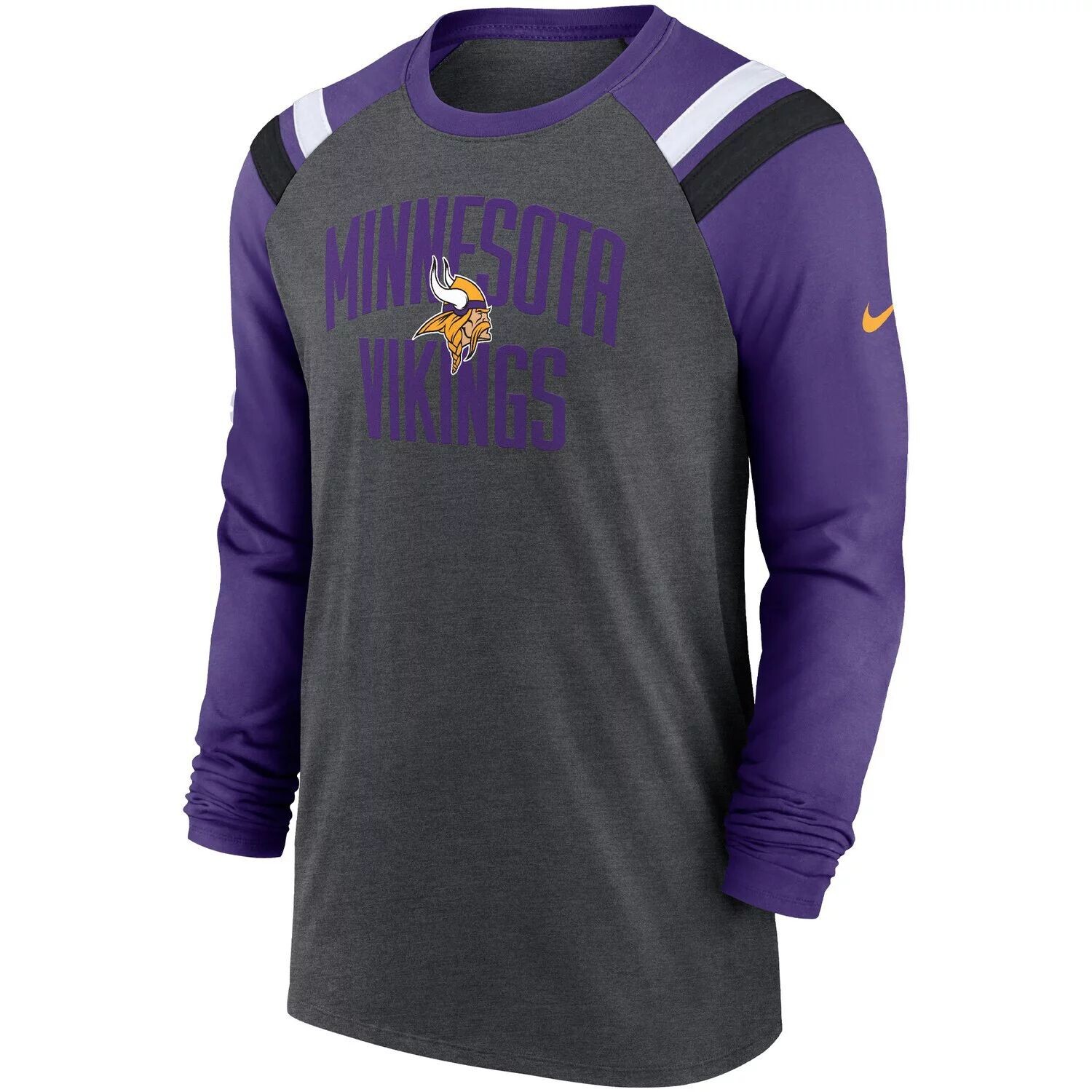 Мужская темно-серая/фиолетовая модная спортивная футболка Minnesota Vikings Tri-Blend реглан с длинными рукавами Nike — фото 2