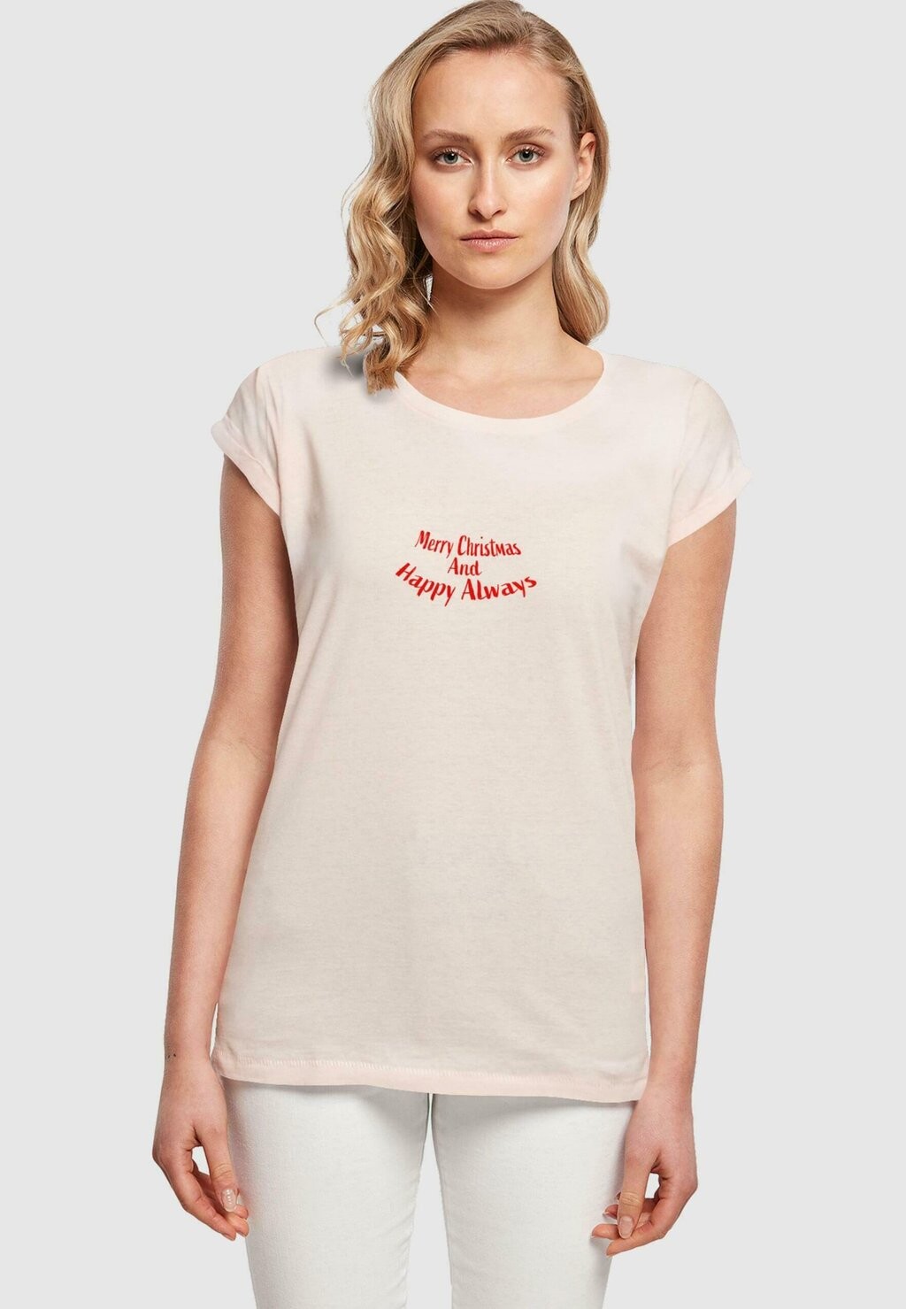 

Футболка с принтом MERRY CHRISTMAS AND HAPPY ALWAYS EXTENDED SHOULDER TEE Merchcode, розовый