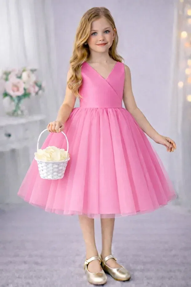 Детское платье для девочек с запахом Sare model girl's candy pink wrap collar mini plain skirt fluffy ball gown & birthday dress Suneh, Candy Pink