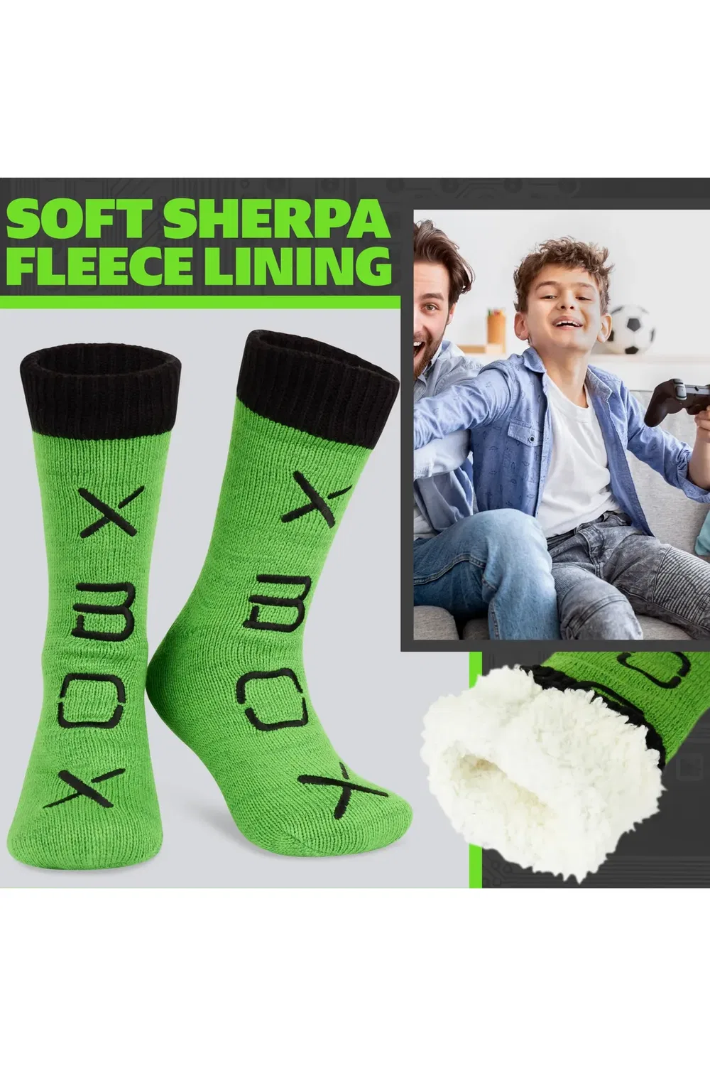 Носки-тапочки с флисом и противоскользящей подошвой Xbox, Green — фото 3