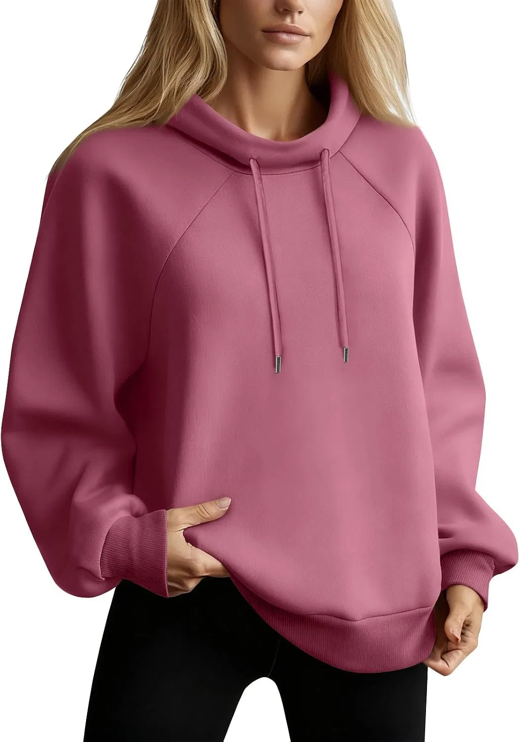 Женский свитшот без капюшона с высоким воротом, свободного кроя, из флиса, Mock Neck, S21-deep Red — фото 4