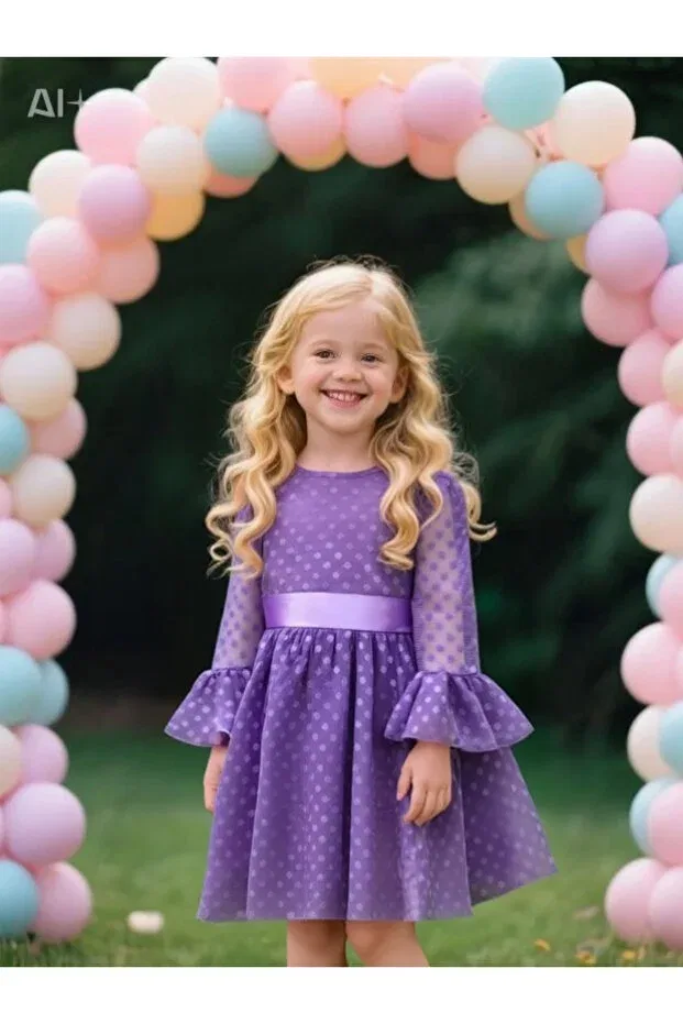 Детское платье для девочек с принтом Buckle polka dot puffy tulle dress Lunas Tekstil, Lilac — фото 3