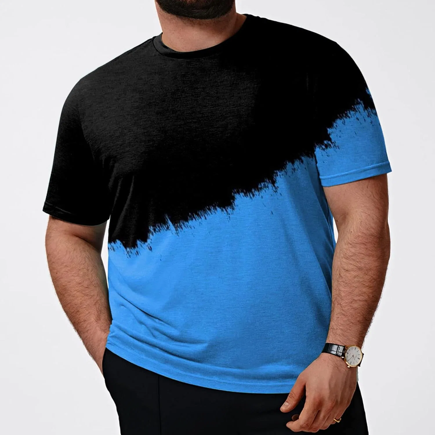 Мужская футболка с цветовым блоком, хлопковая, Crew Neck, синий — фото 2
