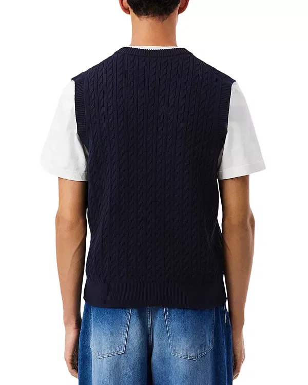 Мужской свитер с v-образным вырезом без рукавов Cable Knit Cotton Lacoste, Navy Blue/Green — фото 3