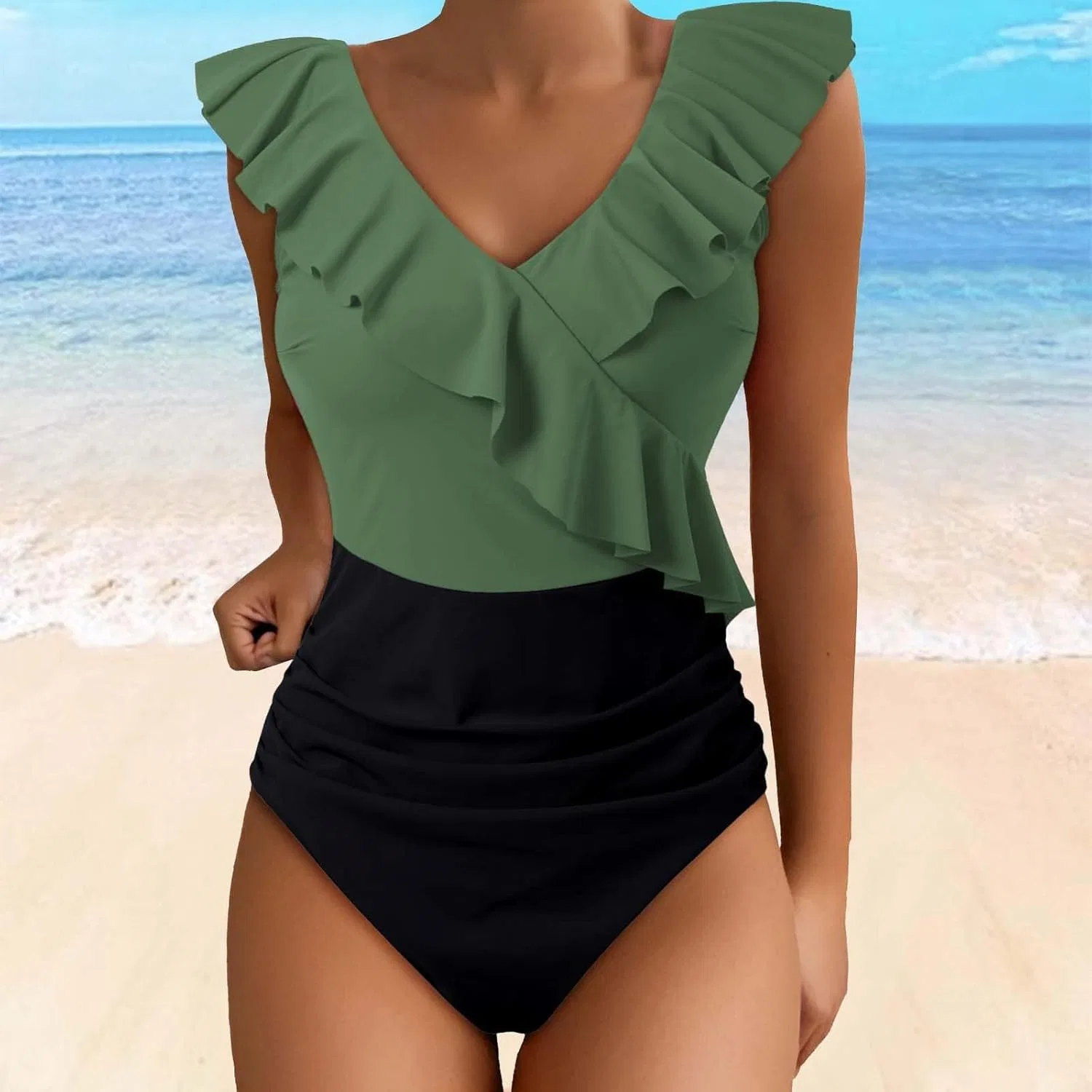 Женский слитный купальник с эффектом утяжки Ruffle V Neck, Army Green — фото 2