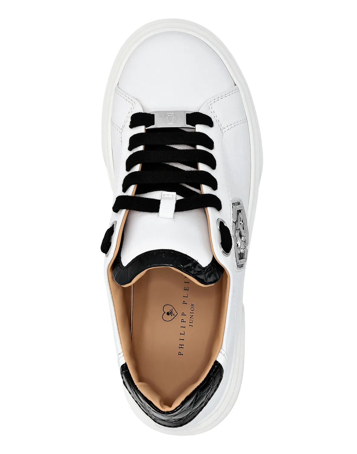 Детские кроссовки низкие из кожи с фирменным брендингом Hexagon Philipp Plein, White/Black — фото 3