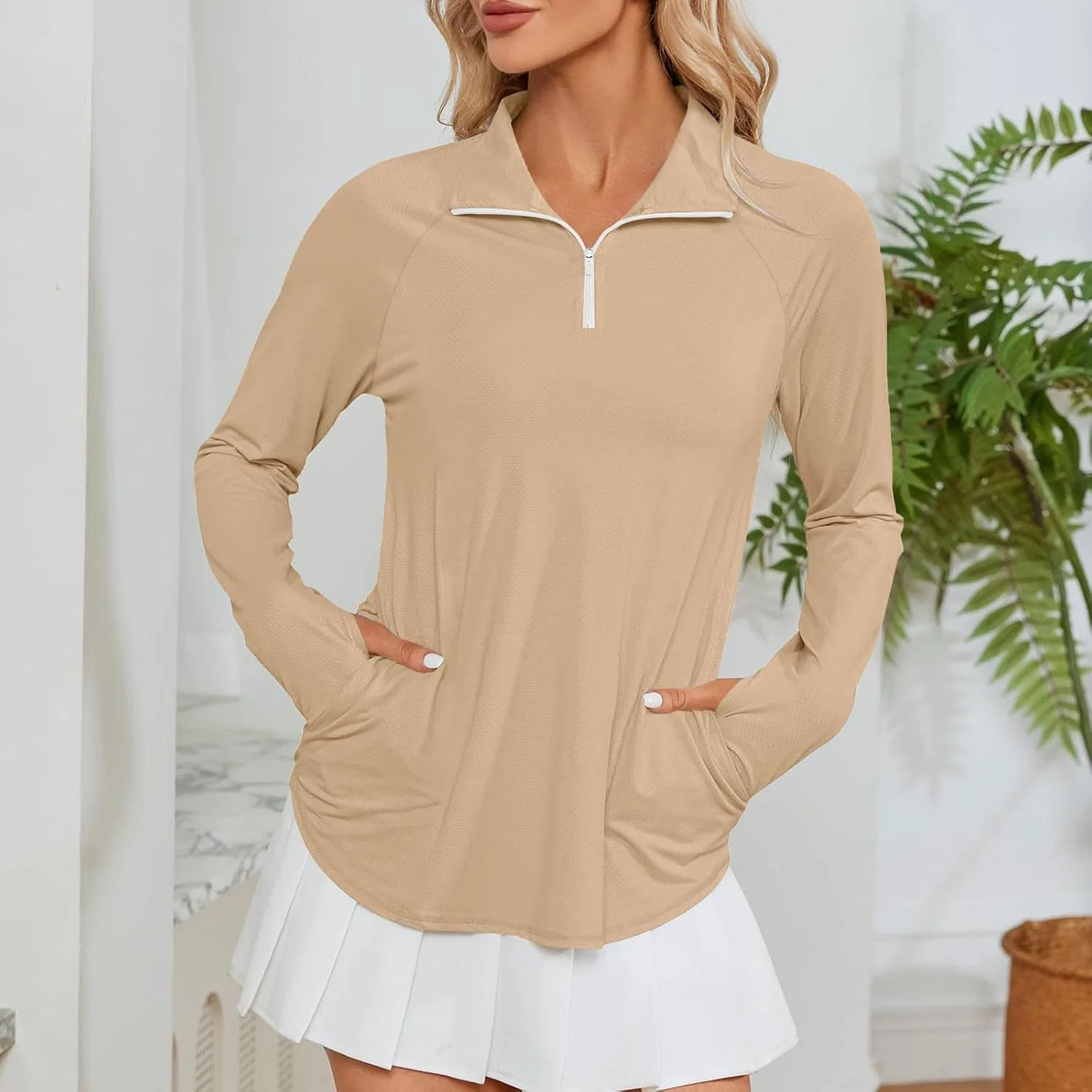 Женская футболка с защитой от солнца UPF 50+ с большим пальцем, Khaki — фото 4