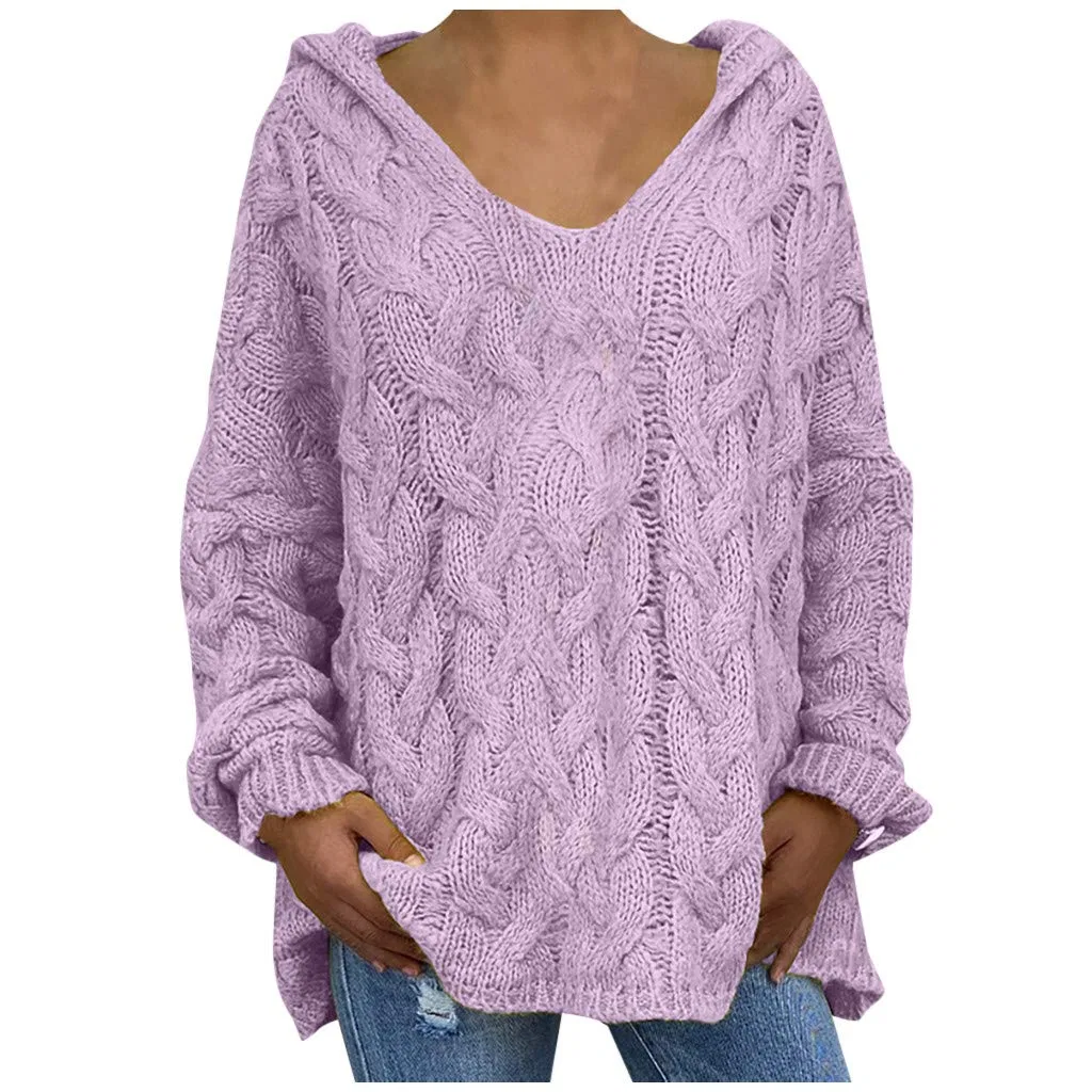 Женский свитер с V-образным вырезом и длинным рукавом Chunky Knit Pullover Hoodies, Lilac