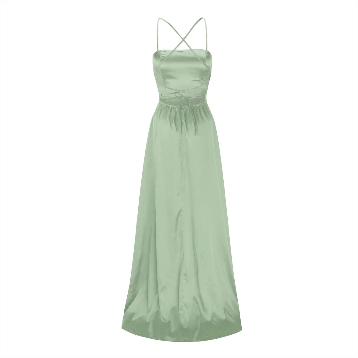 Женское длинное платье на бретелях с карманами Satin, Green — фото 3