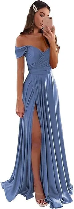 Женское вечернее платье A-силуэта с разрезом Satin, Dusty Blue