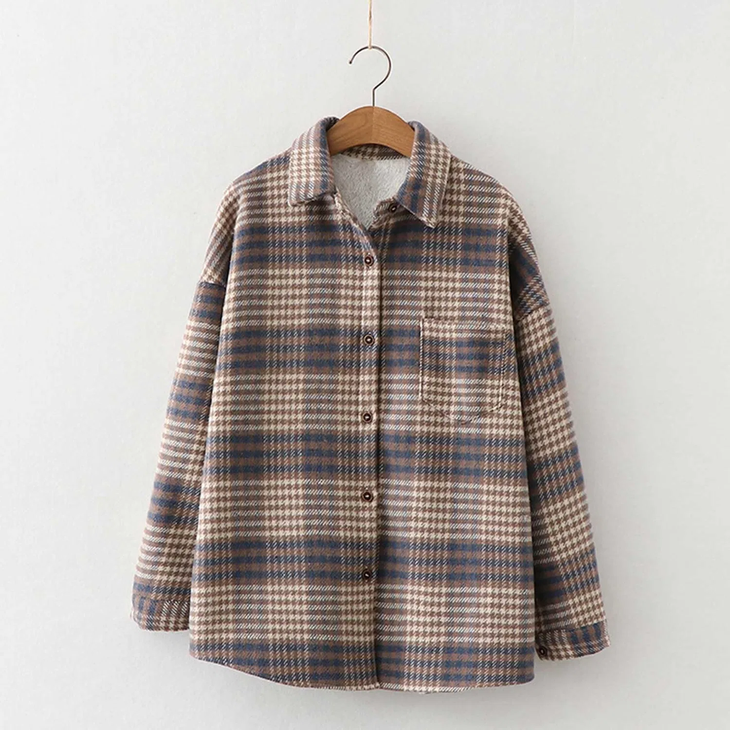 Женское пальто с принтом Autunno/Inverno Caldo Plaid Camicia con Sciolto Monopetto Cappotto Donna Giacche di Formato Alto, Blu — фото 3