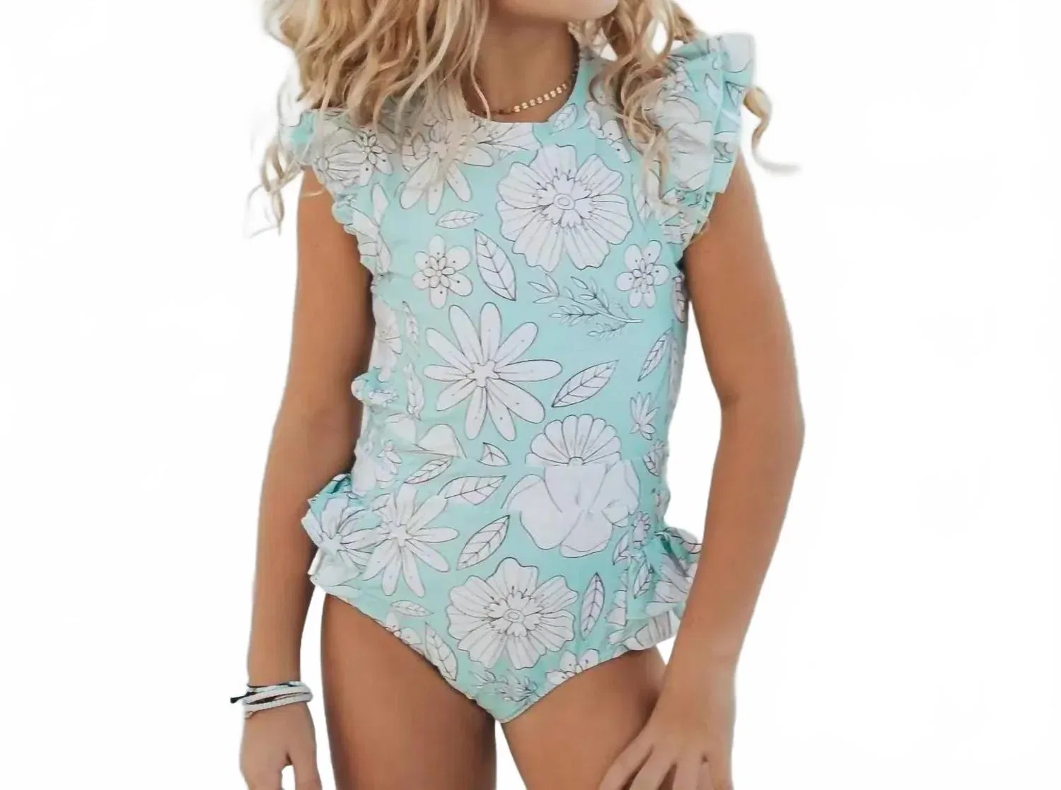 Детский купальник слитный с открытой спиной и оборками Grace Open Back Oopsie Daisy, Mint Floral