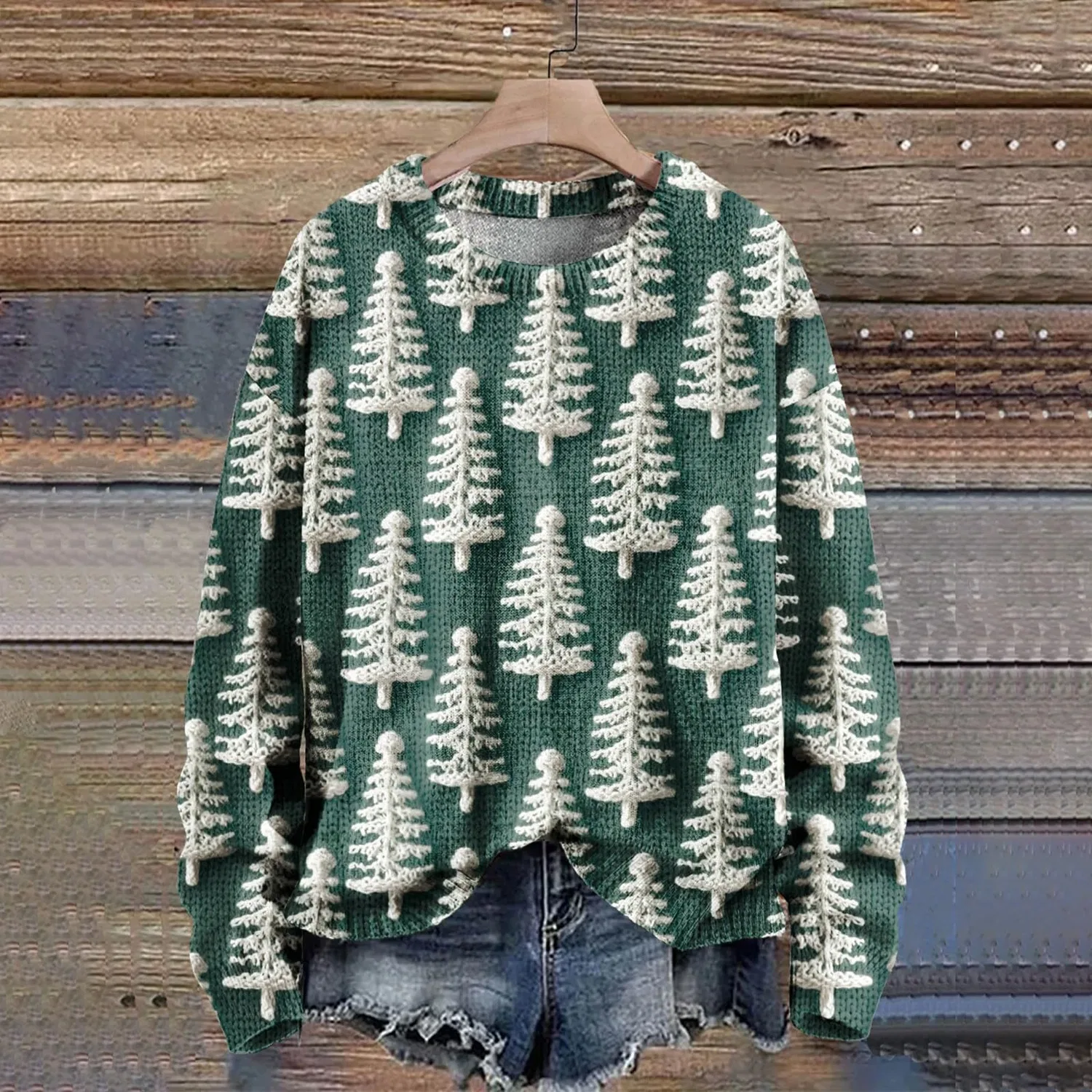 Женский свитшот оверсайз с принтом Christmas Tree, с длинным рукавом, Green — фото 2