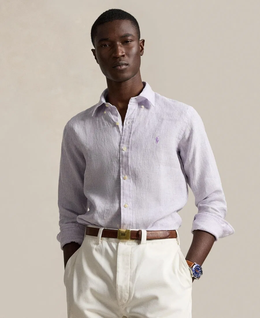 Мужская рубашка с коротким рукавом из льна Polo Ralph Lauren, Powder Purple/White