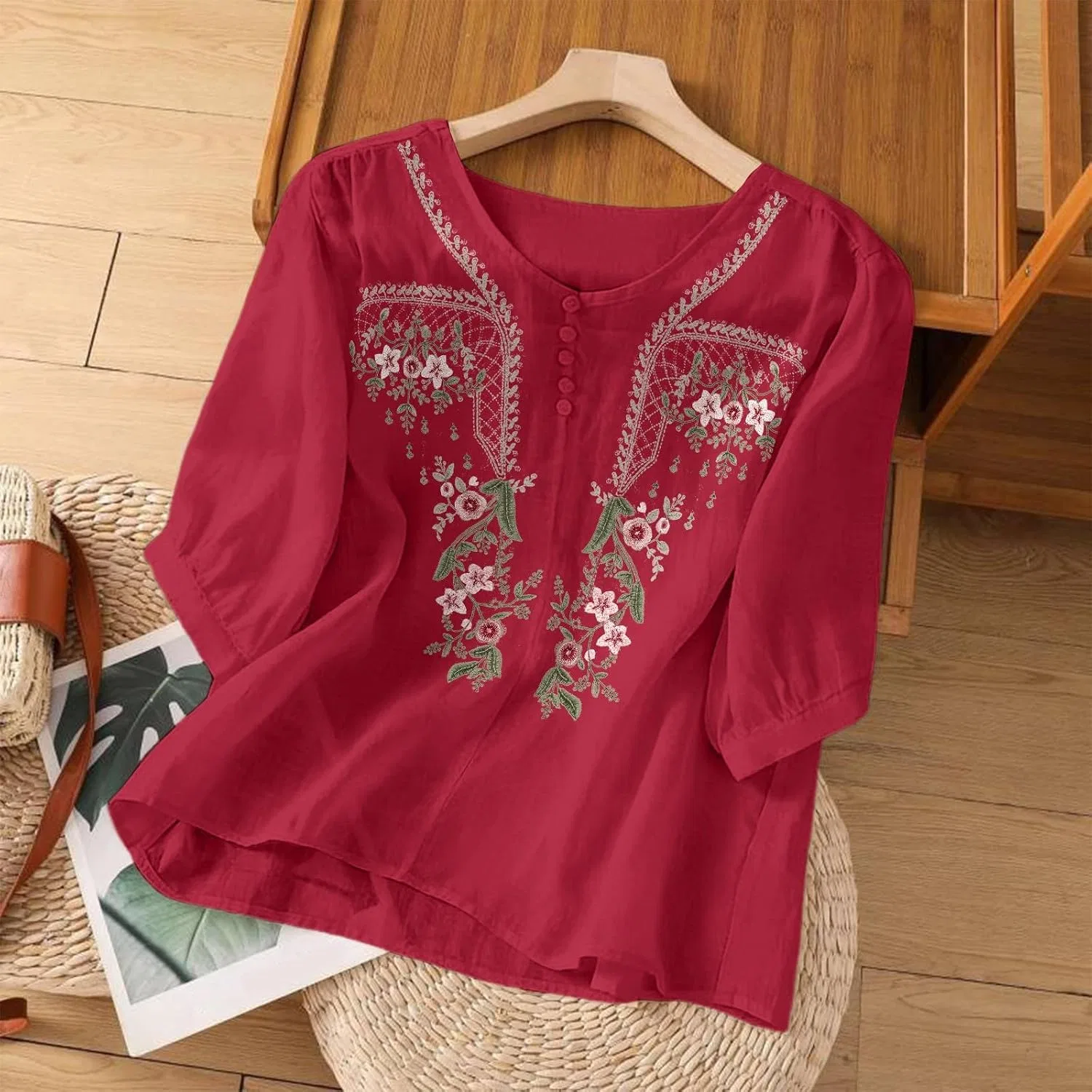 Женская туника с вышивкой, рукав 3/4, V-образный вырез, Bohemian Peasant, красный — фото 2