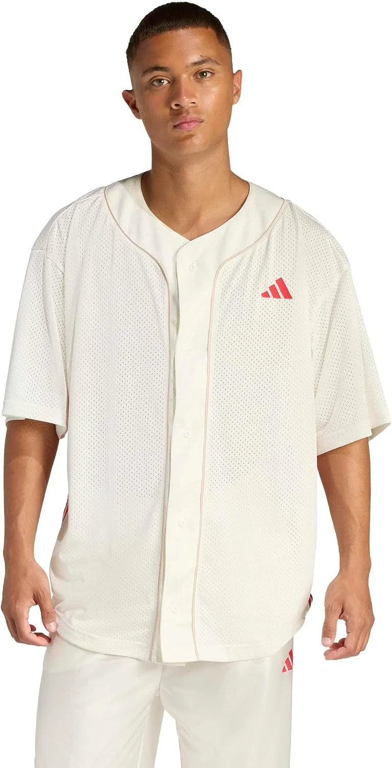 Мужская футболка бейсбольная с сетчатой тканью Stadium Mesh adidas, Off White/Crystal Linen/Pure Ruby