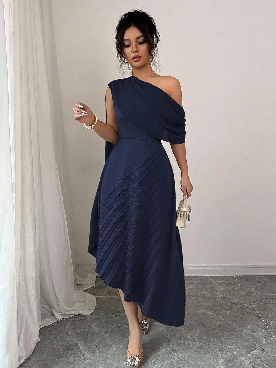 Женское повседневное платье миди с одним плечом, складками, Navy Blue — фото 4
