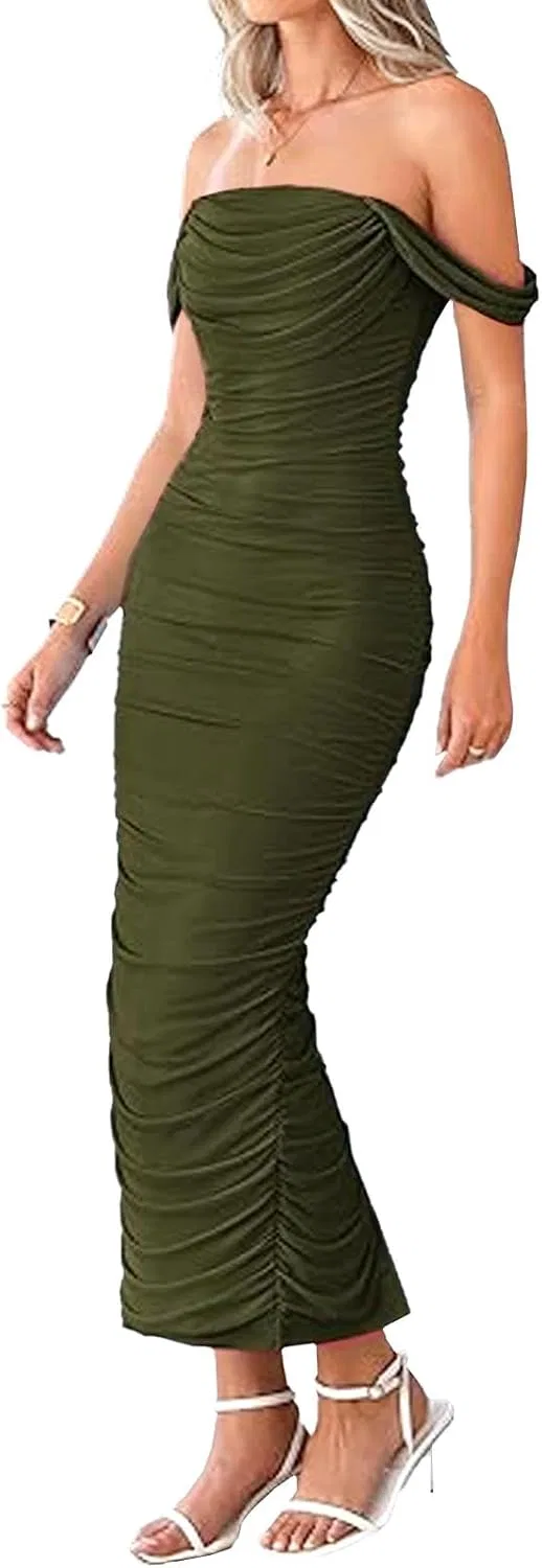 Женское вечернее платье макси с корсетом Off Shoulder, Army Green — фото 2