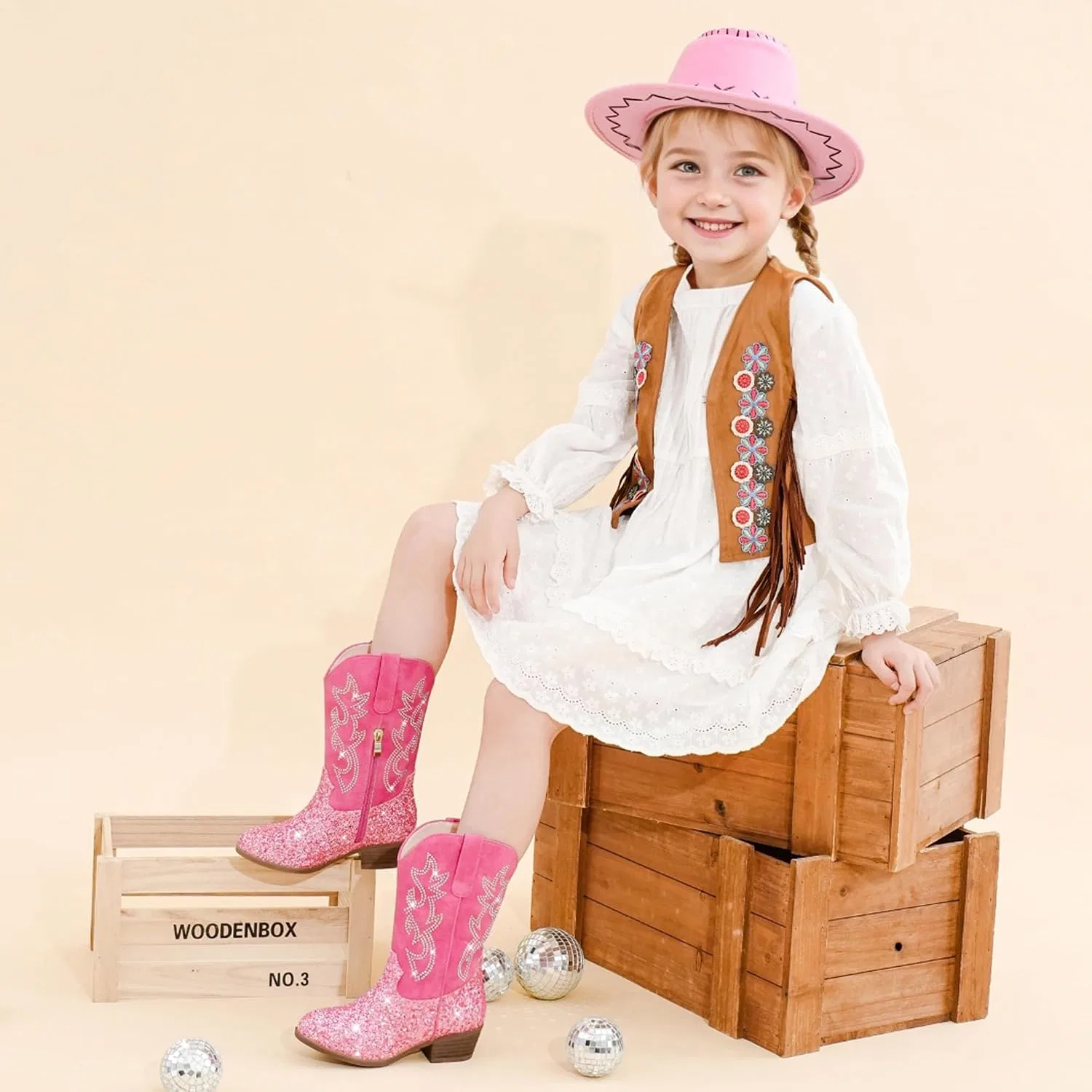 Детские сапоги для девочек с принтом Cowboy Boots for Girls Rhinestone Cowgirl Boots Little Big Kid LAURMOSA, Pink Sequin — фото 3