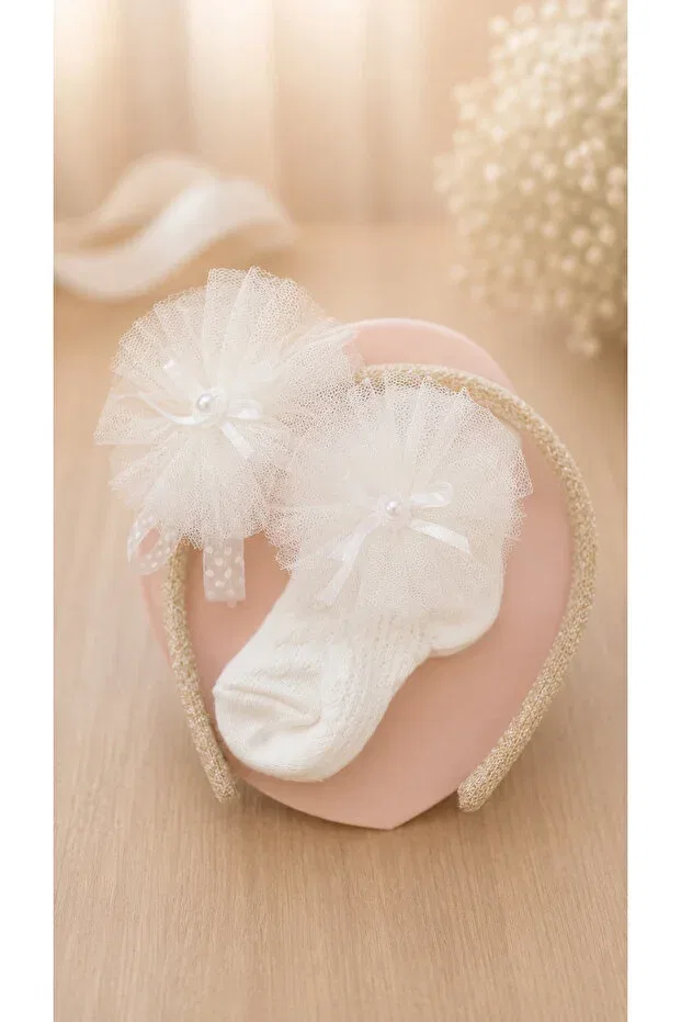 Детский комплект носков и короны для девочек с принтом Princess tulle flower detailed Benbilge, Ecru