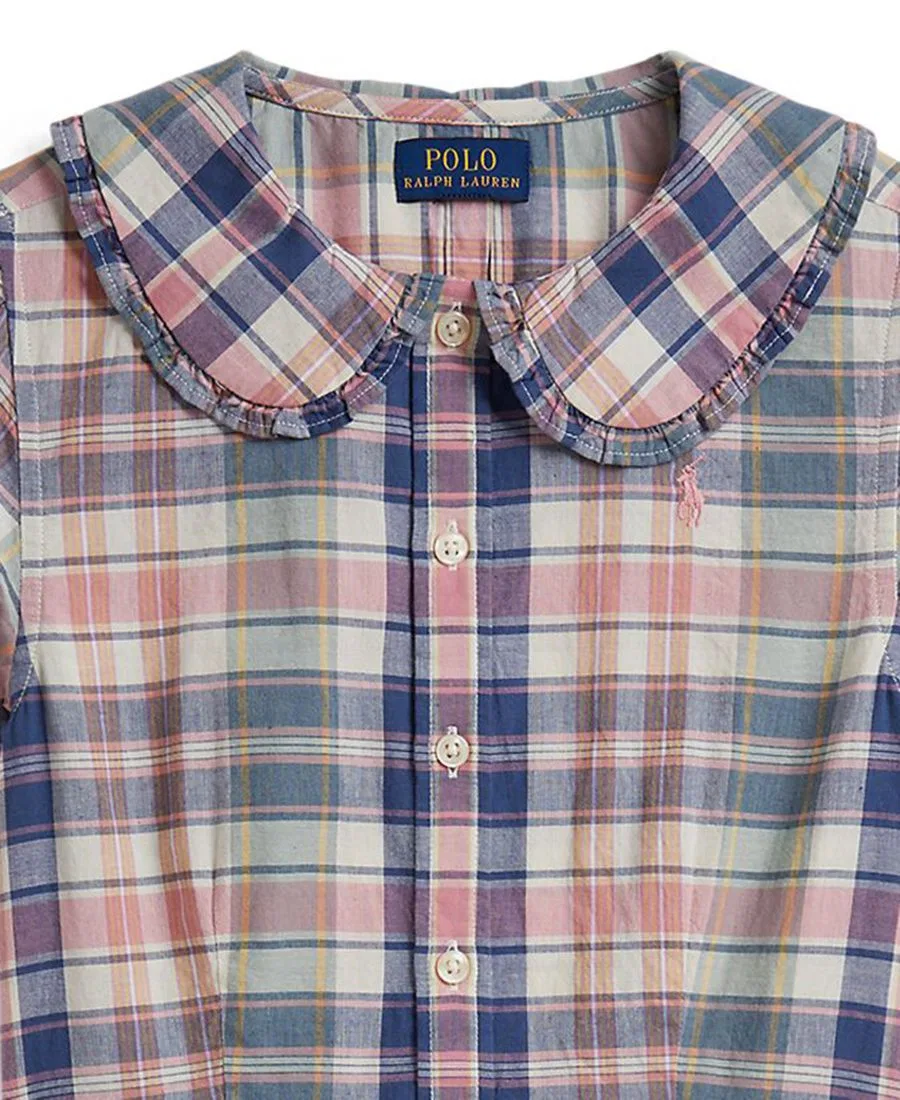 Платье с коротким рукавом, принт в клетку, модель Girls' 7-16 Short-Sleeve Dress Shirt Polo Ralph Lauren, Earth Blue/Pink — фото 3