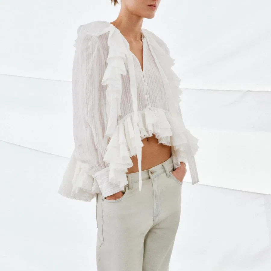 Женская шифоновая рубашка с V-образным вырезом White ZARA — фото 4