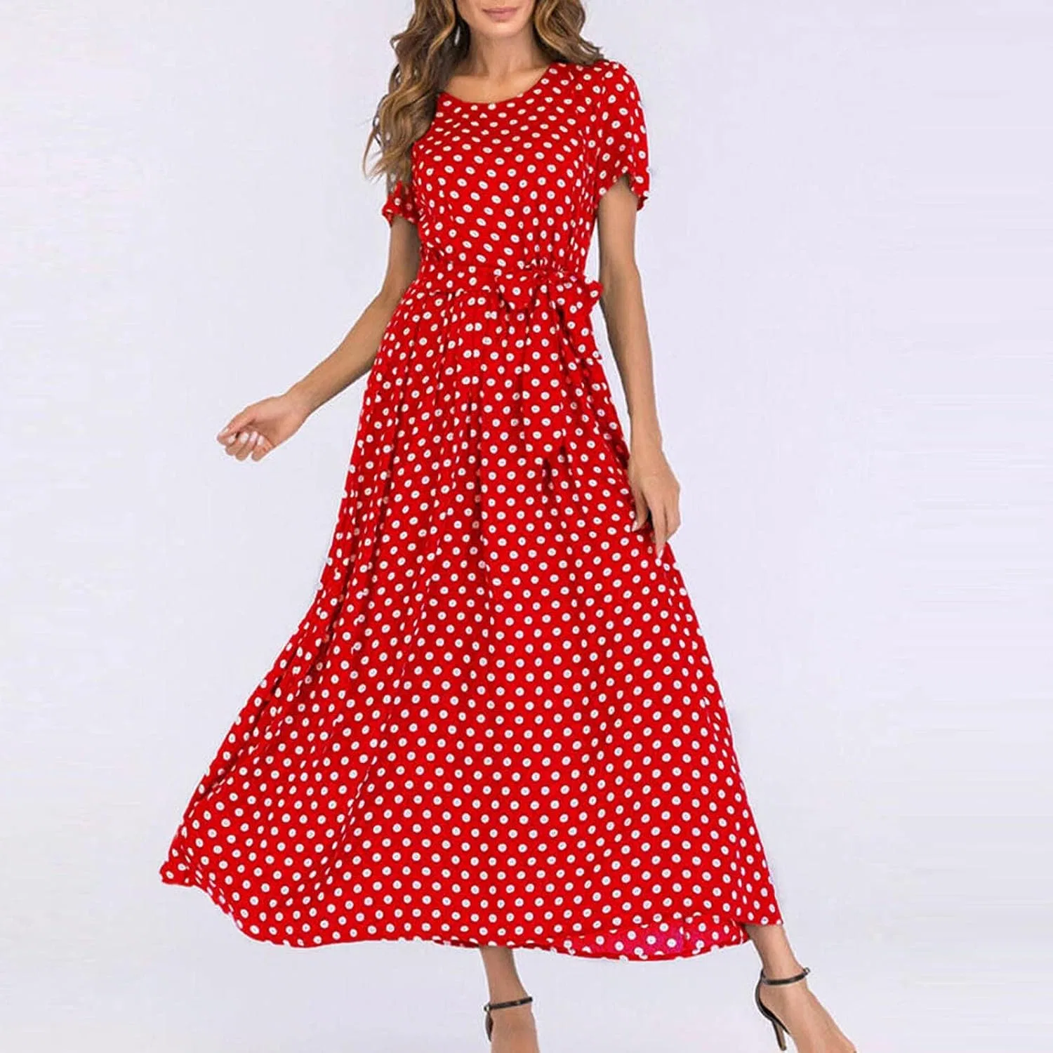 Женское летнее макси-платье в горошек с коротким рукавом, Red — фото 2