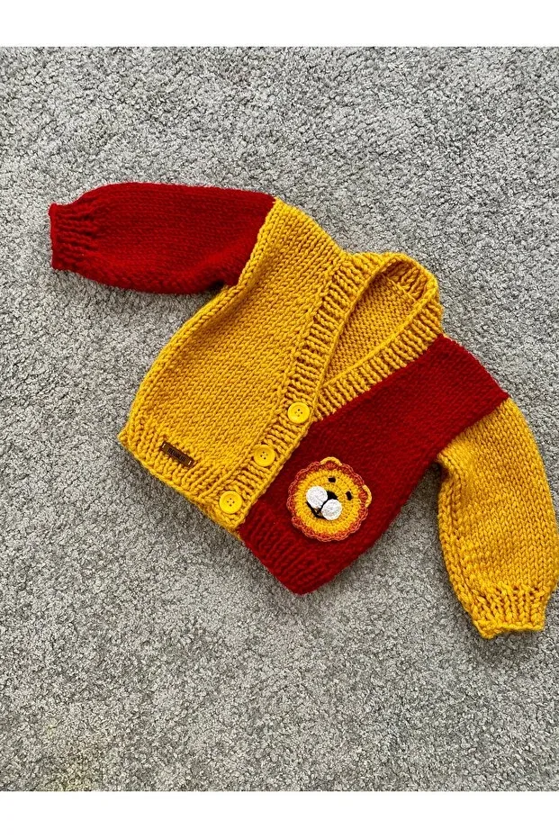 Детский кардиган для мальчиков с принтом Hand Knitted Yellow Red Lion Detailed Nevalin, Yellow-Red — фото 3