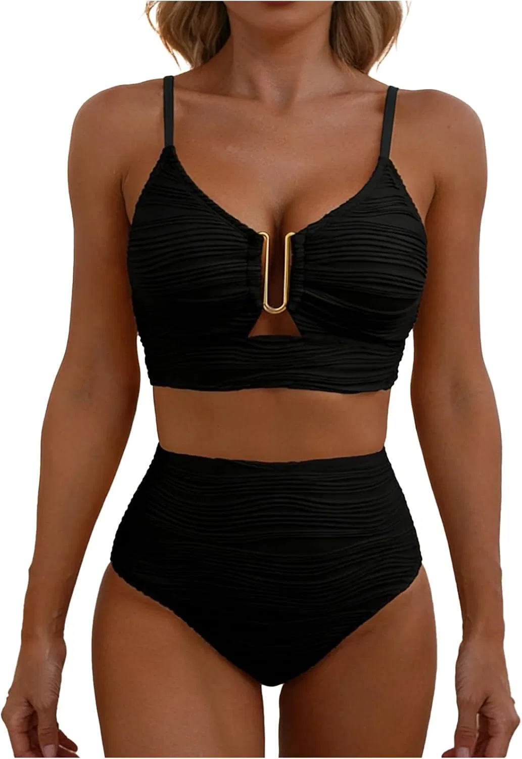 Женский купальник бикини с завышенной талией Hollow-Out V Neck, Black