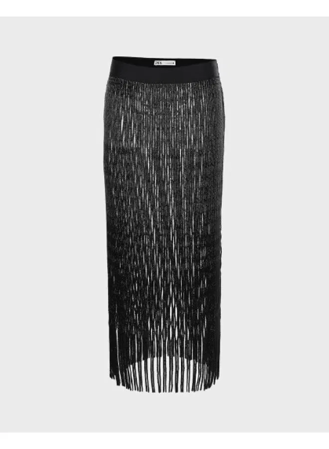 Юбка миди с бахромой и цепочками Zara, черный