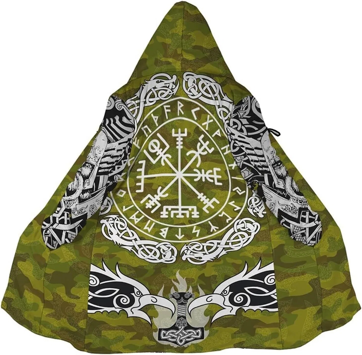 Мужское пальто с принтом Viking Men's Winter Hoode Cloak, 3DPrint Norse Mythology Tattoo Warm Faux Cashmere Coat, Mid-Length Parka Pagan Jacket, Compass