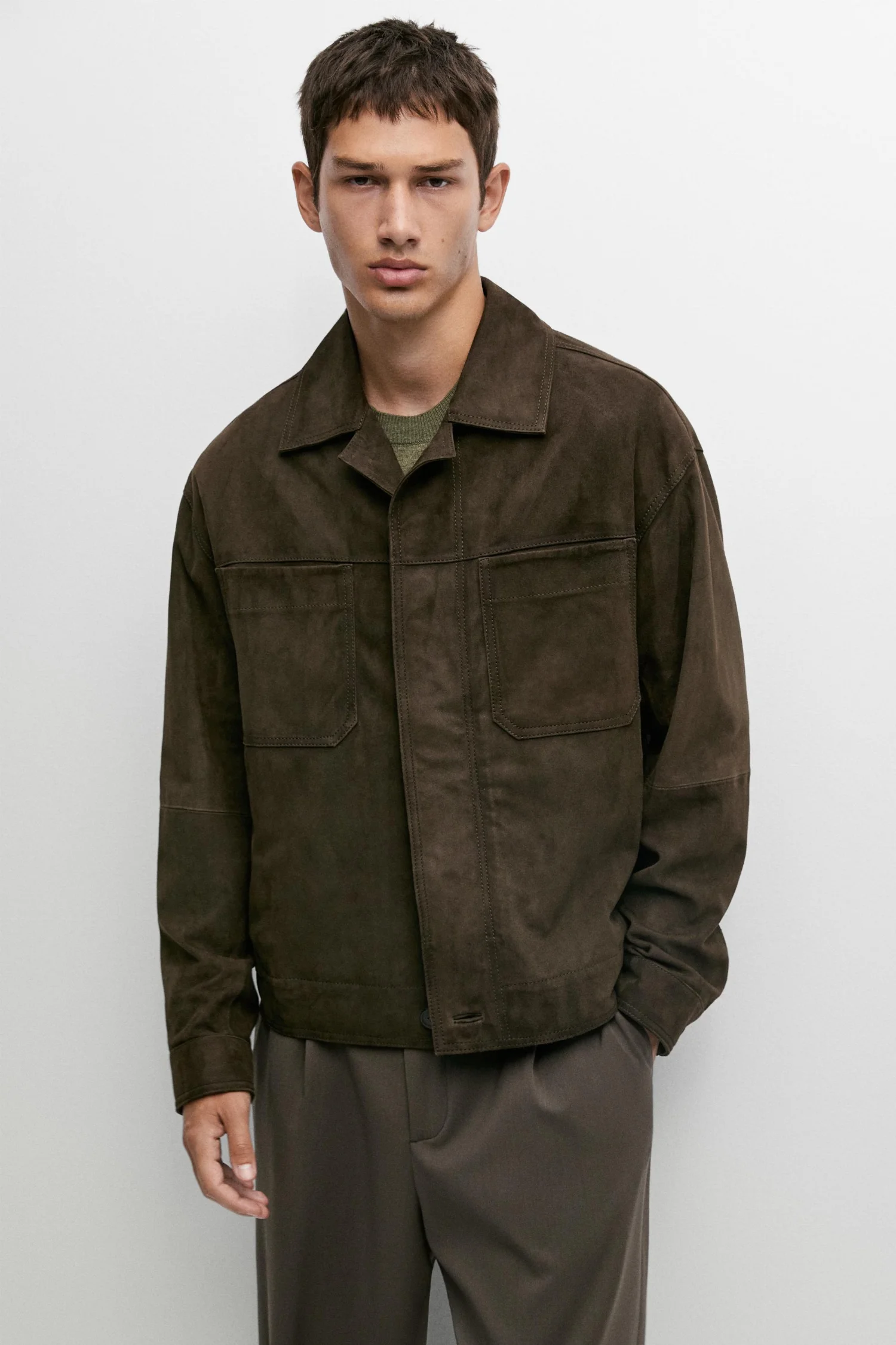Замшевая куртка Massimo Dutti Relaxed fit, хаки — фото 2