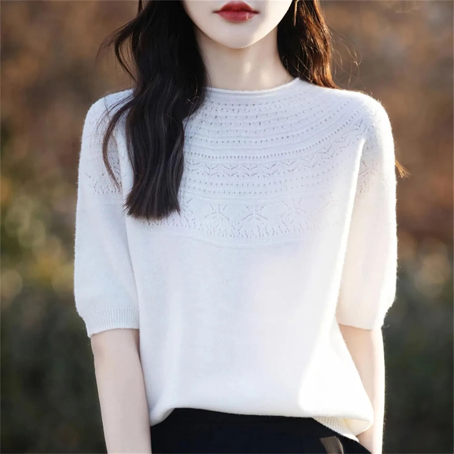 Женский пуловер с коротким рукавом, ажурный, кэмел — фото 2