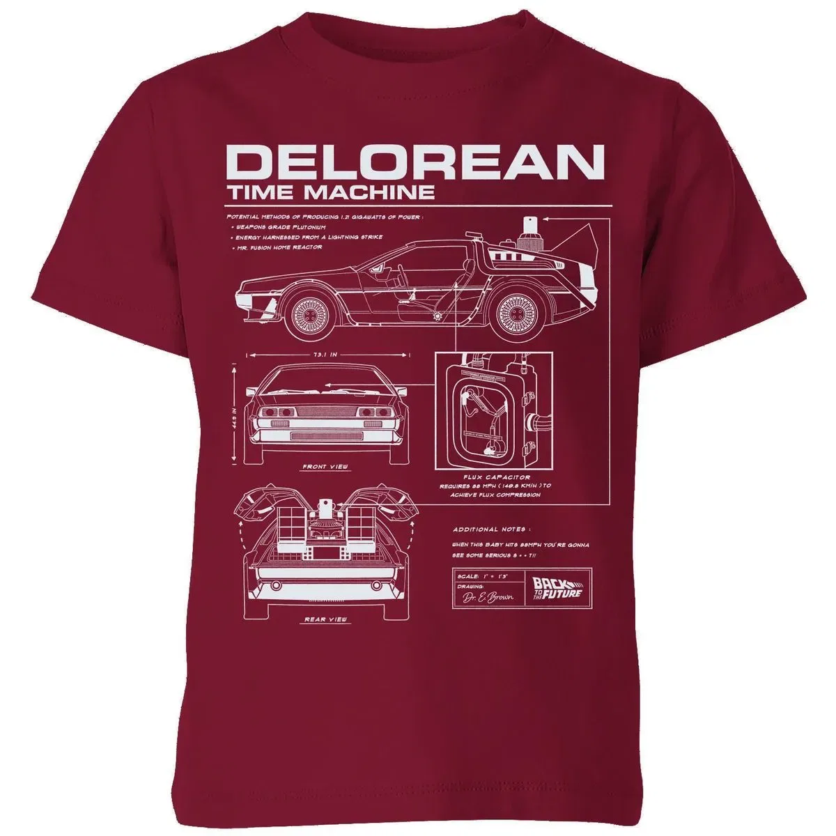 Детская футболка с принтом Back to the Future DeLorean Schematic, Zavvi, Burgundy