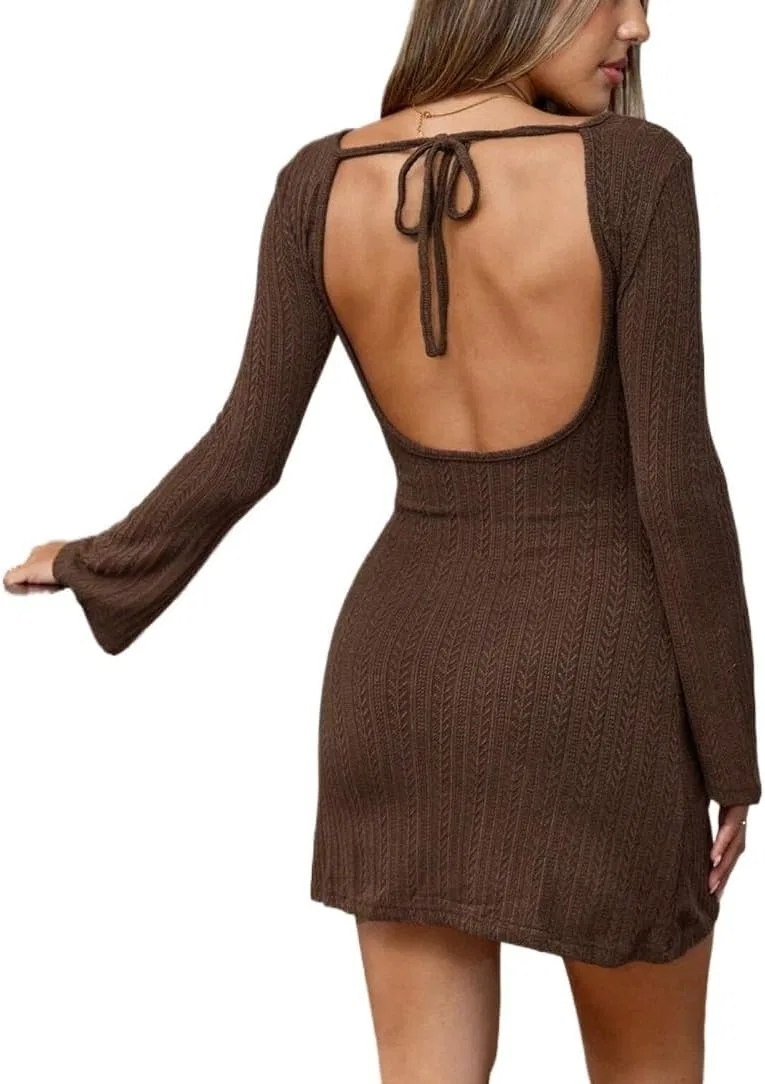 Женское мини-платье с длинным рукавом backless, Coffee