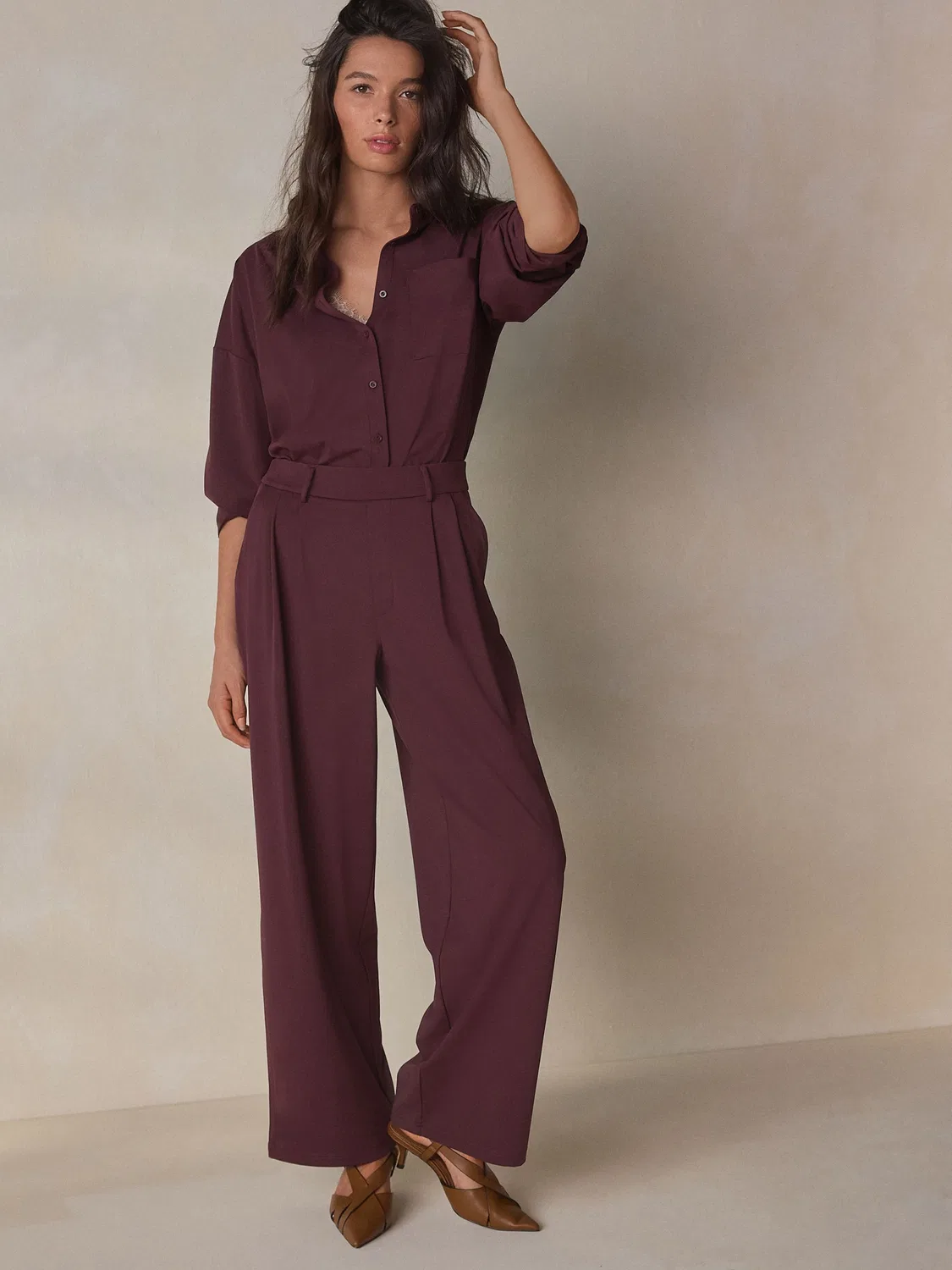 Брюки прямого кроя с защипами, Premium Wide Leg Tailored Jersey Next, Бургунди — фото 2