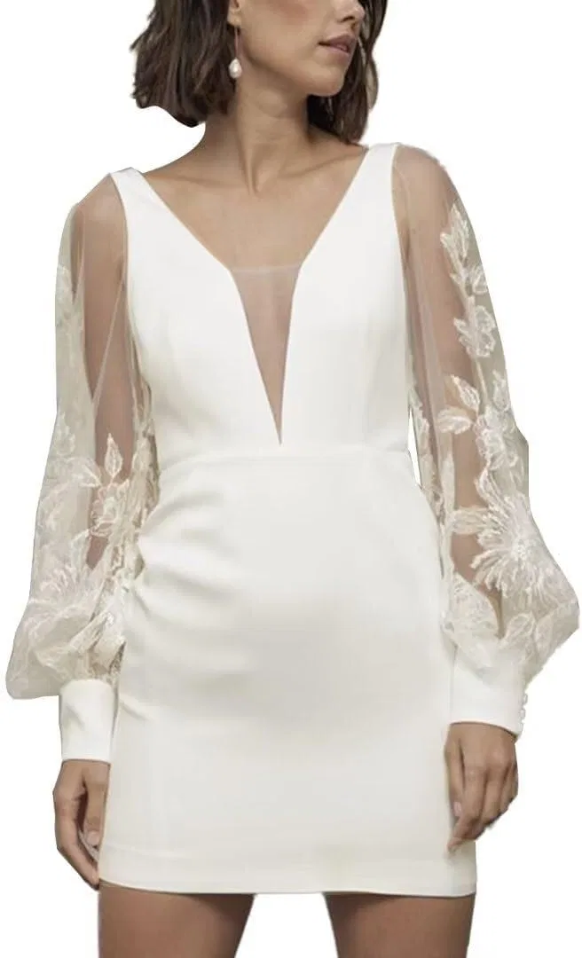 Женское свадебное платье с кружевом и рукавами, White/Ivory
