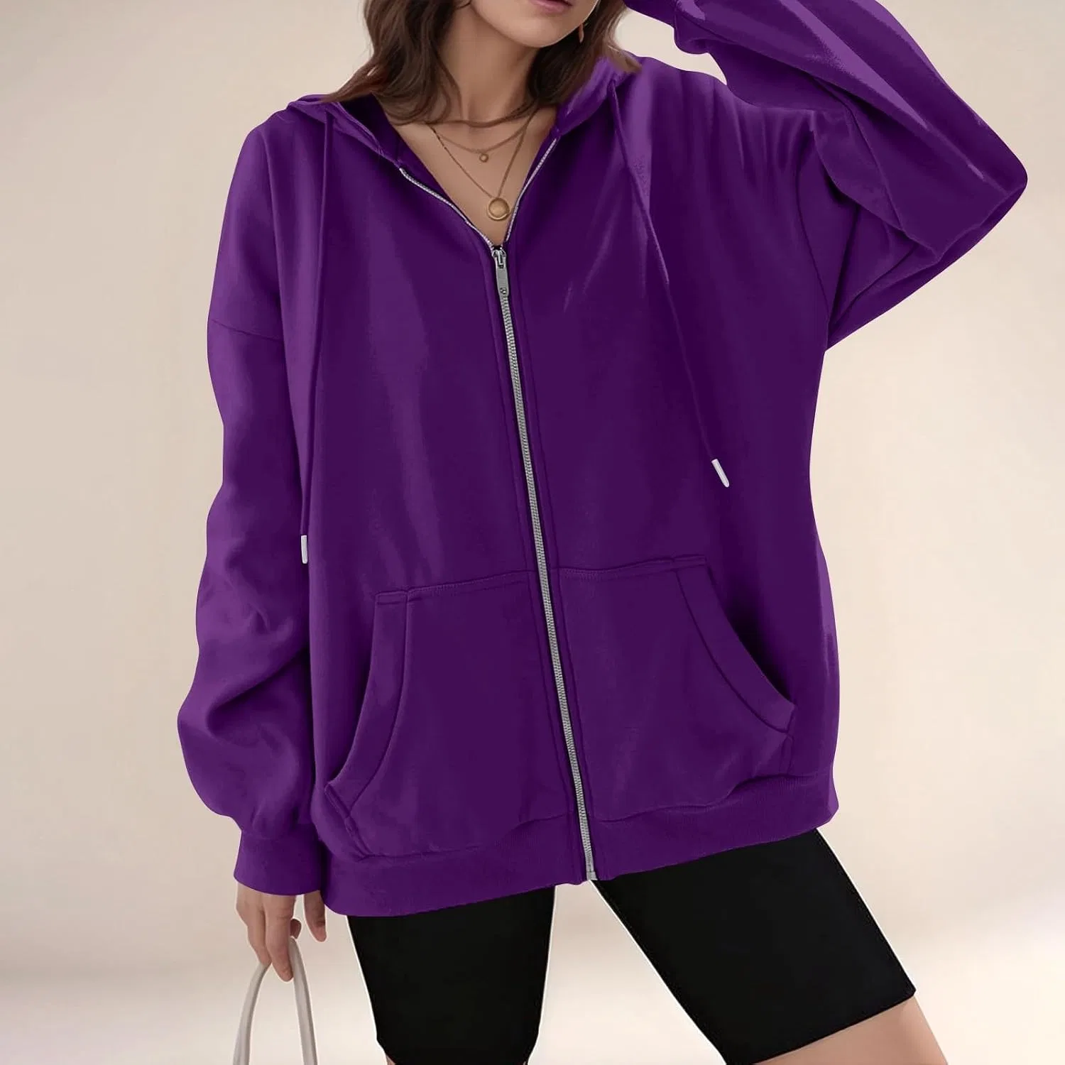 Женское худи на молнии оверсайз с капюшоном, T2-dark Purple — фото 4