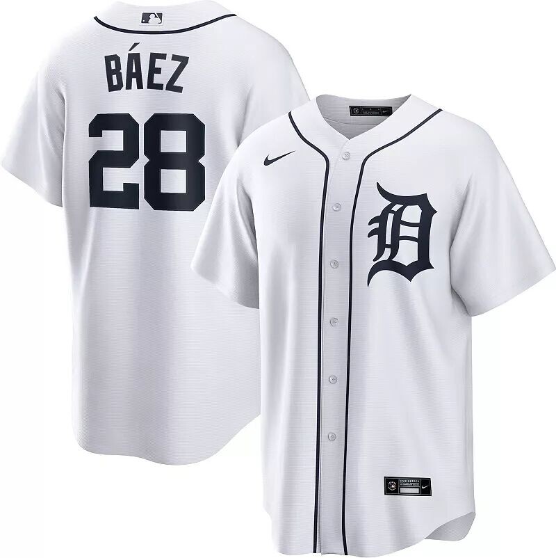 

Мужская белая домашняя майка Nike Detroit Tigers Javier Báez #28 White Home Cool Base
