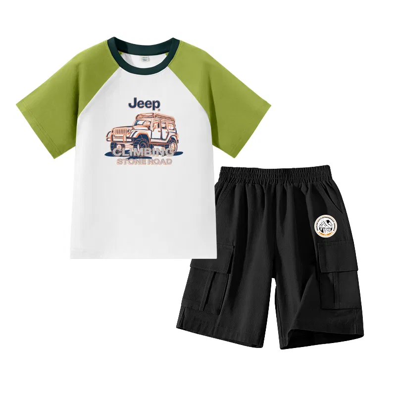Детский спортивный комплект с принтом Jeep, Olive Green/E off-Road Vehicle-Black/E Round Logo K