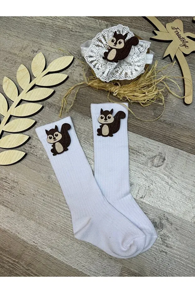 Детские носки для девочек с принтом Squirrel figured white lace baby girl headband and squirrel concept baby white knee socks Feriatolye, White — фото 2