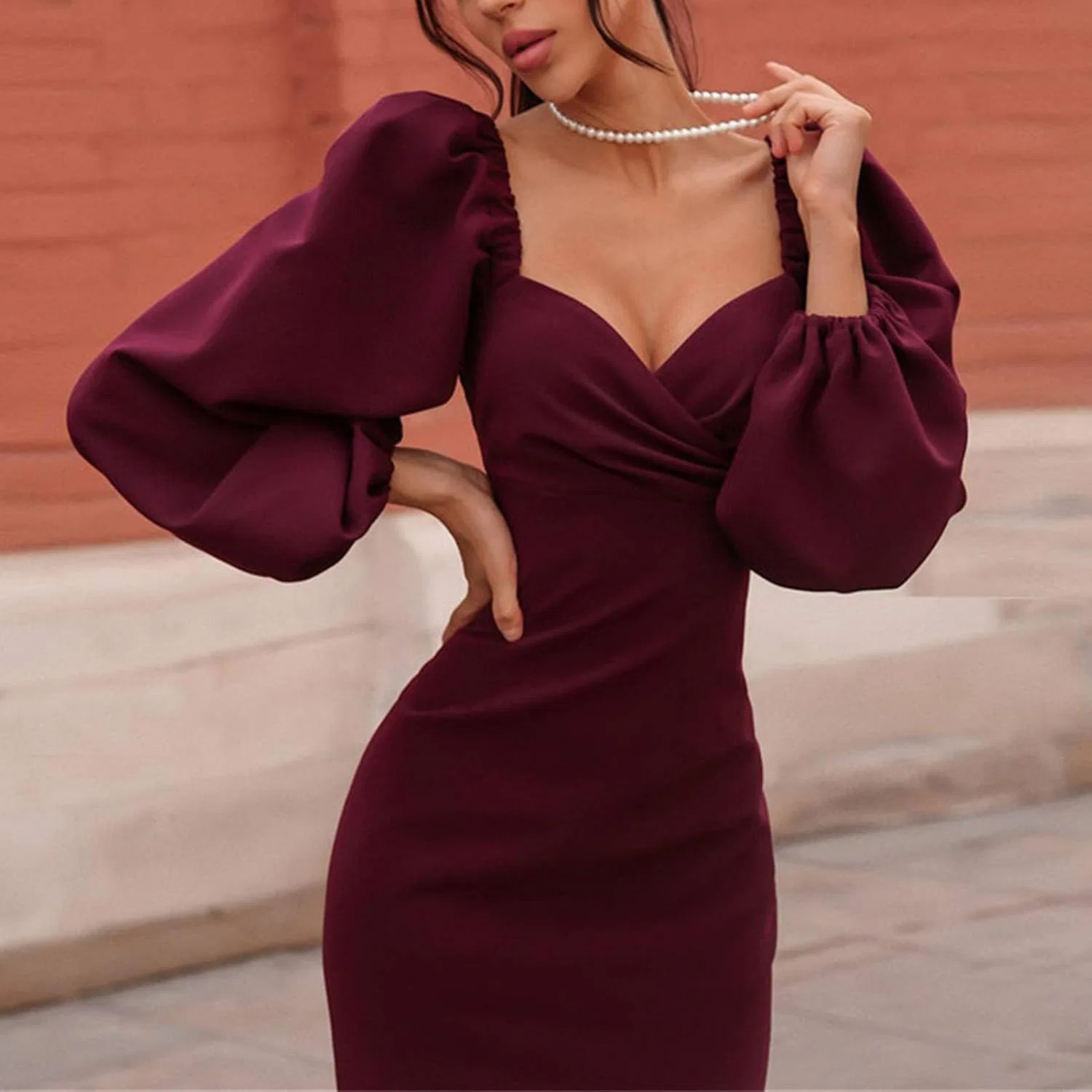 Женское вечернее платье с пышными рукавами A-силуэта, Red — фото 4