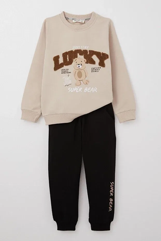 Детский спортивный комплект для мальчиков с принтом Lucky Teddy Bear Printed Text Embroidered Breeze, Beige