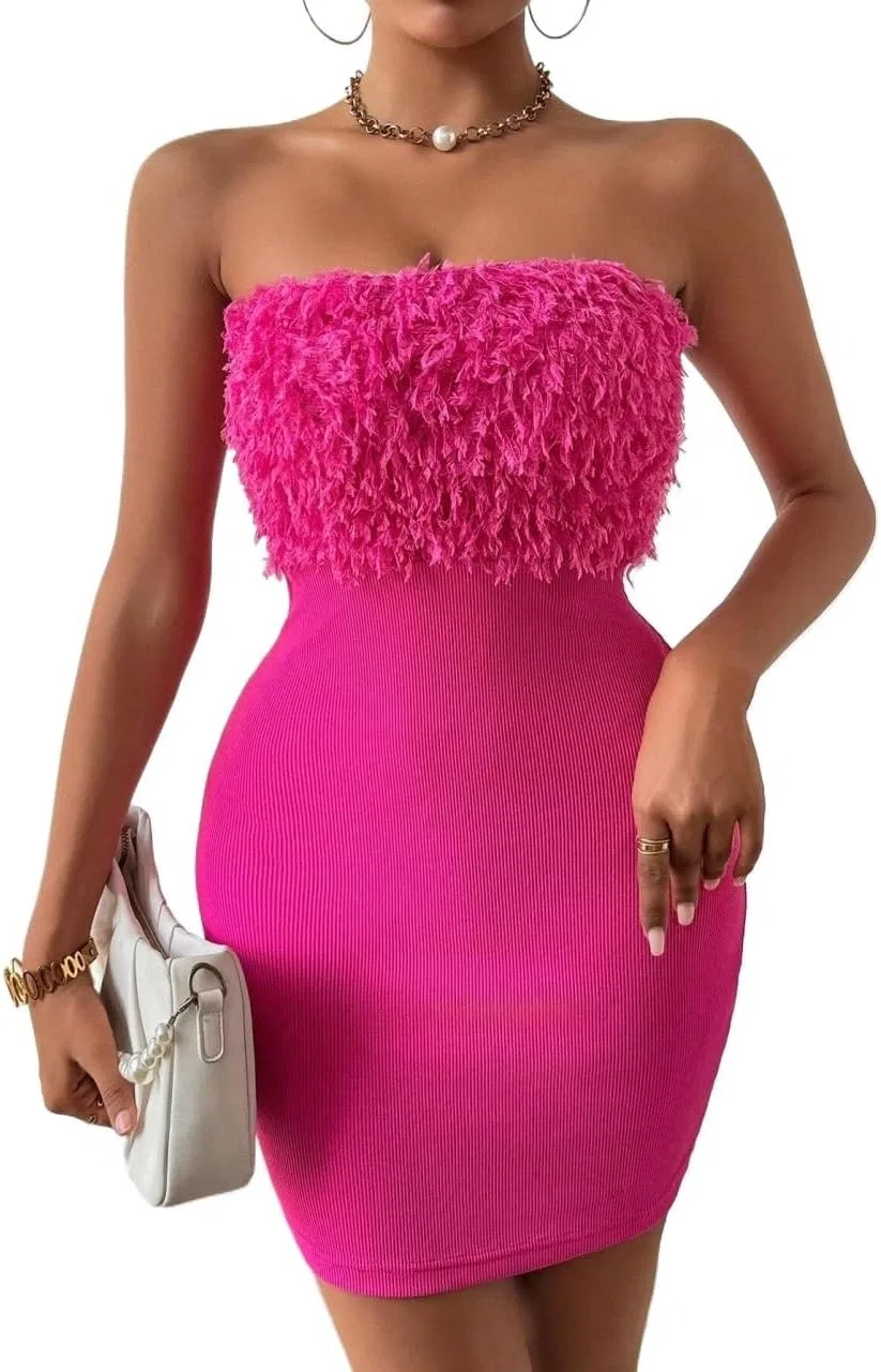 Женское короткое облегающее платье без бретелек, Hot Pink